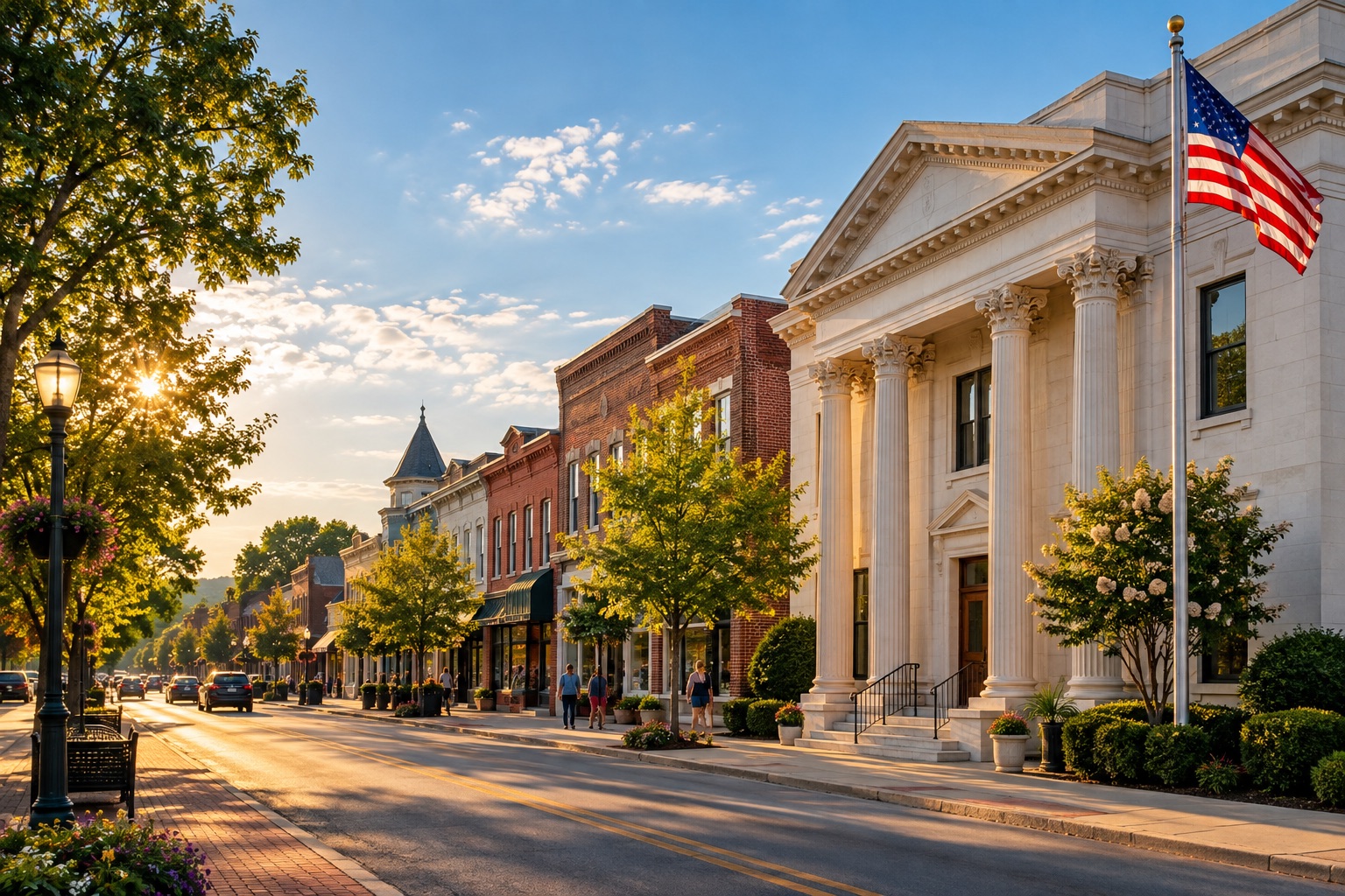 Illustration of a traditional American bank and a flag along a sunlit main street